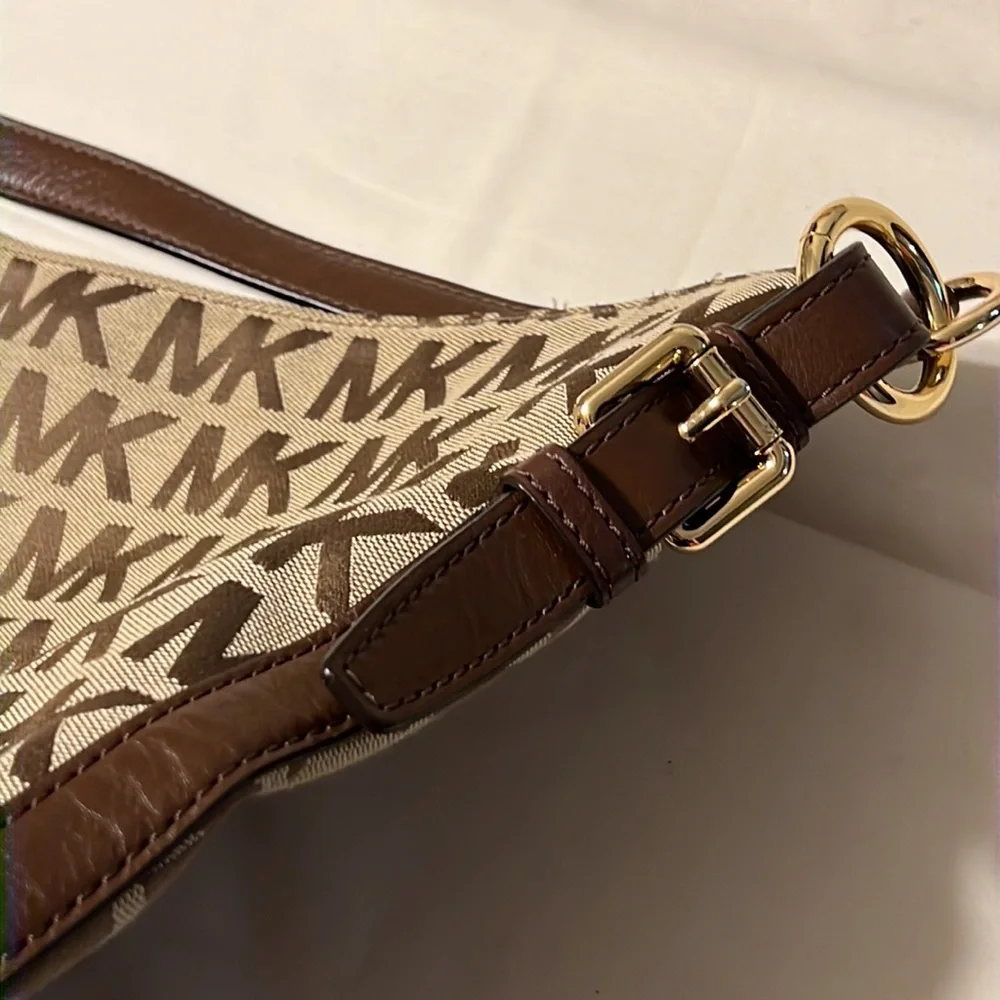 Michael Kors Beige and Brown MK Logo Shoulder Hobo$45